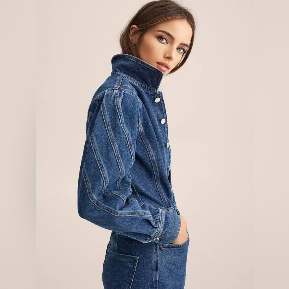 Mango Denim Jumpsuit Pufffed Sleeves New - Picture 3 of 6